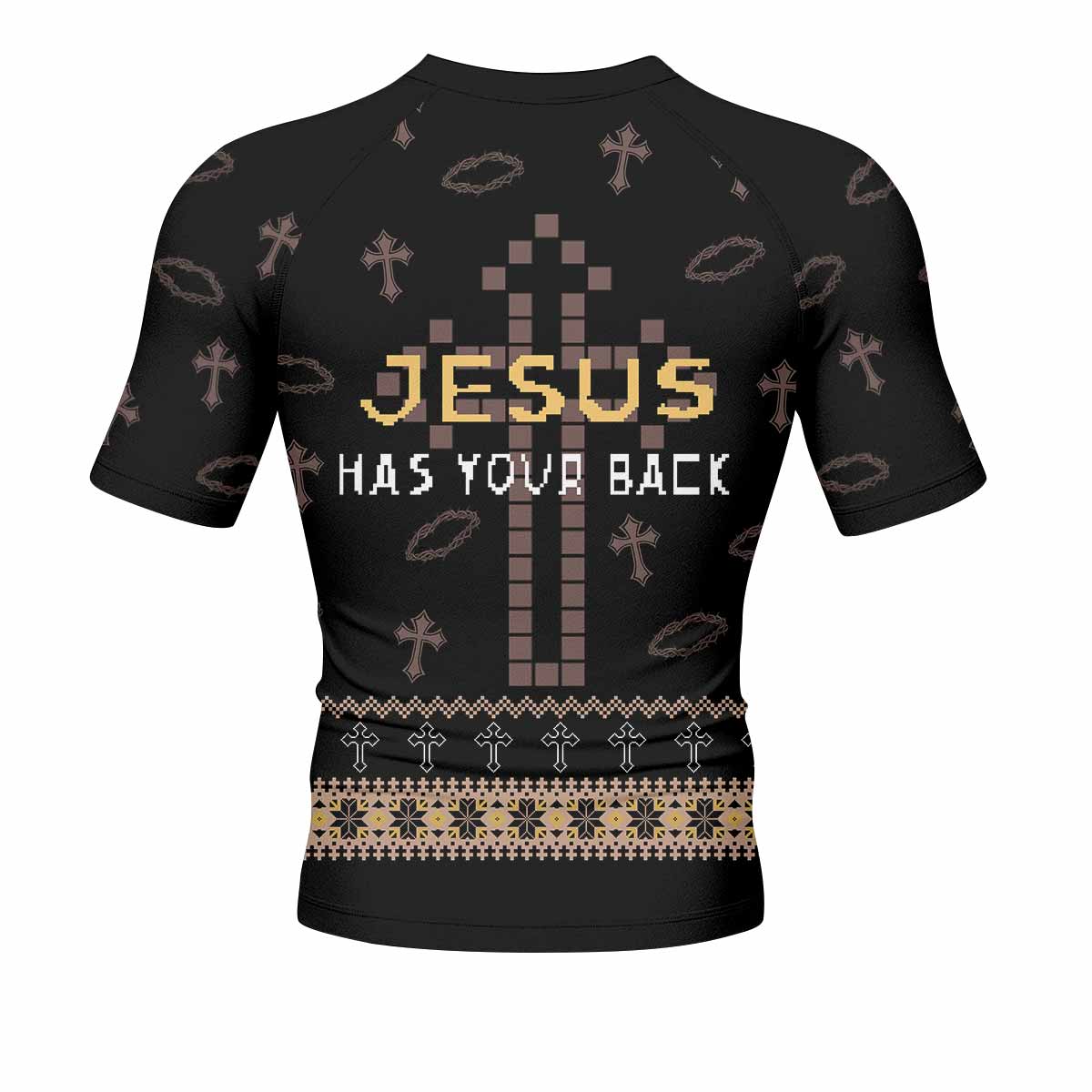 Jesus Has Your Back Men's Rash Guard Short Sleeve - back view mockup