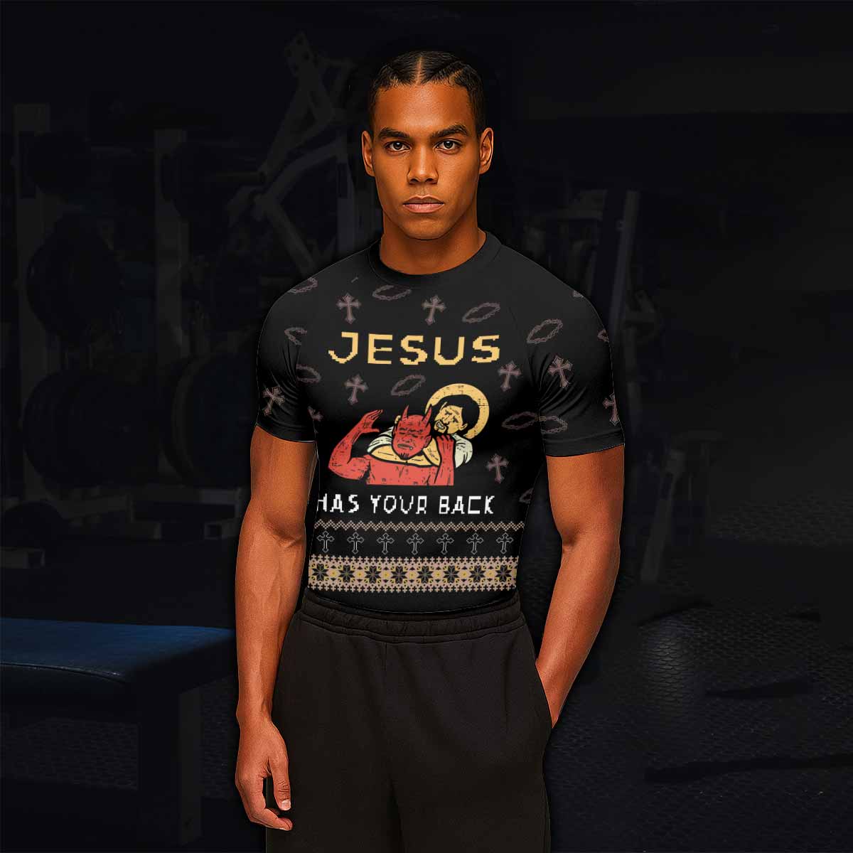 Jesus Has Your Back Men's Rash Guard Short Sleeve - lifestyle view