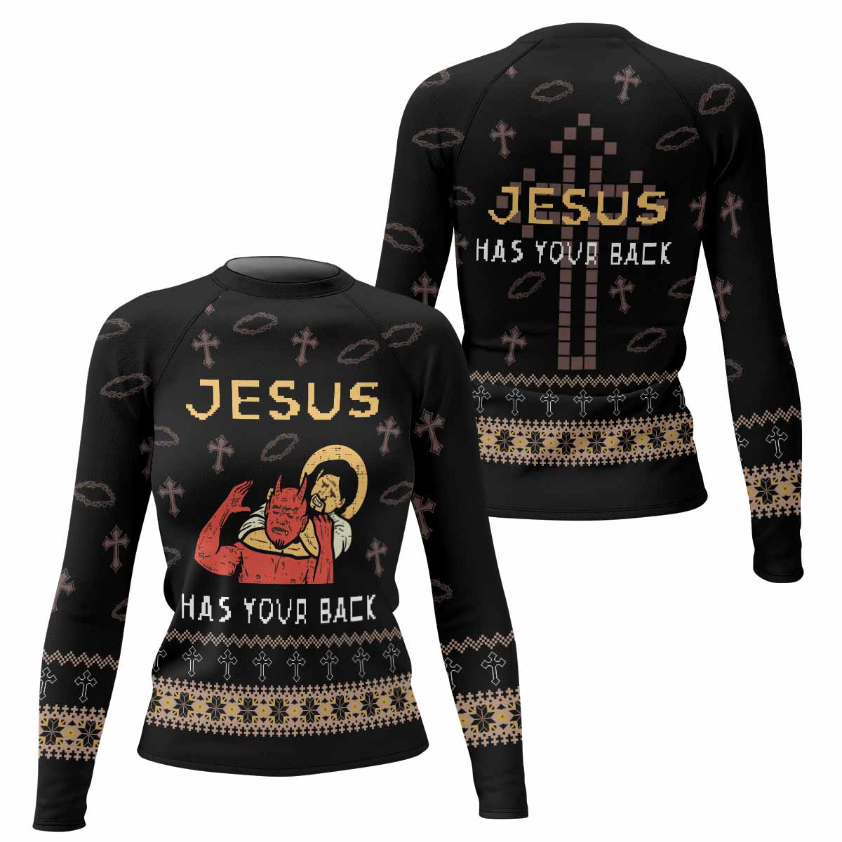 Jesus Has Your Back Women's Rash Guard Long Sleeve - front and back view
