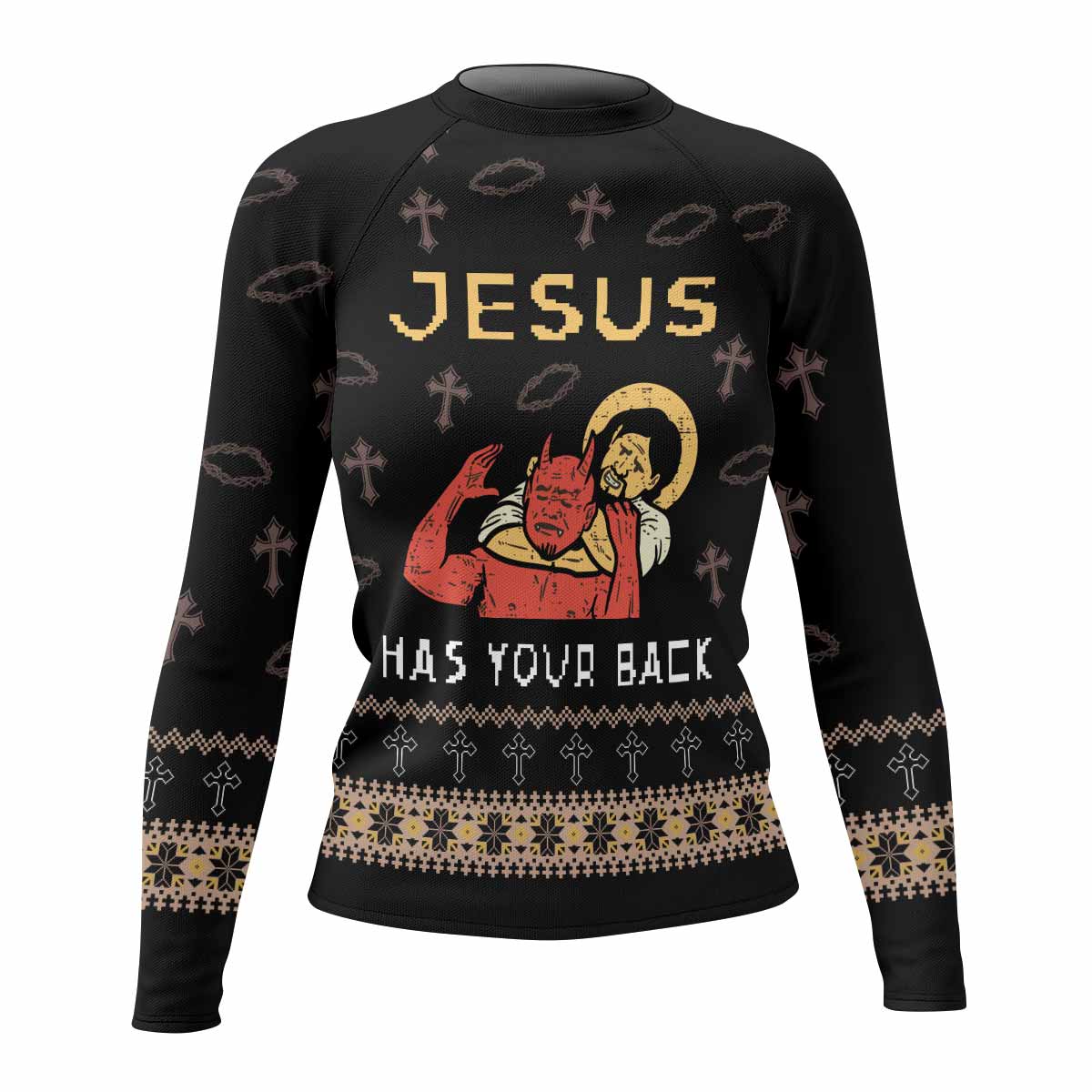 Jesus Has Your Back Women's Rash Guard Long Sleeve - front view mockup