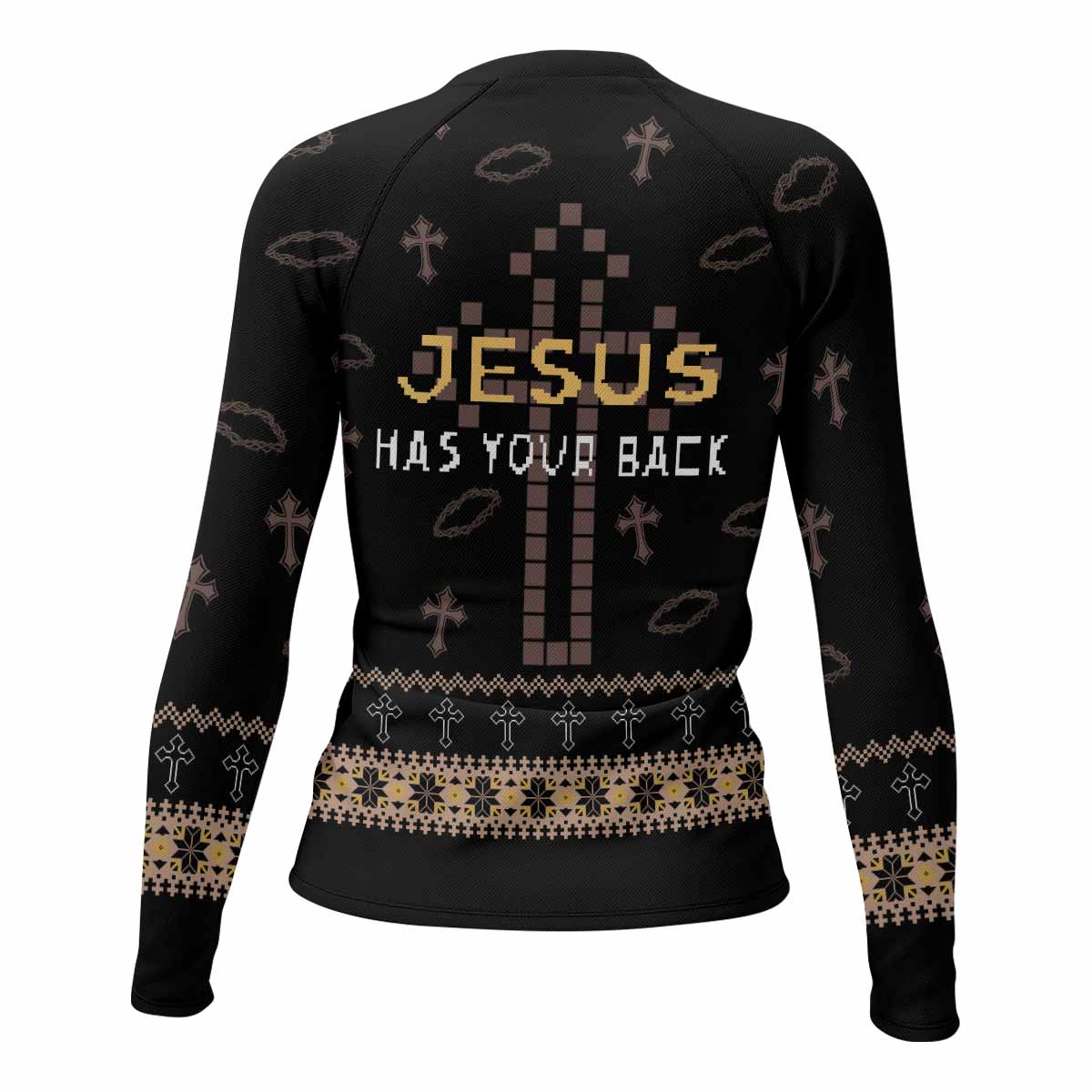 Jesus Has Your Back Women's Rash Guard Long Sleeve - back view mockup