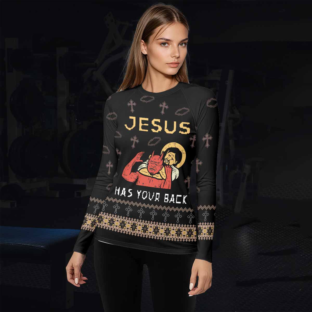 Jesus Has Your Back Women's Rash Guard Long Sleeve - lifestyle view