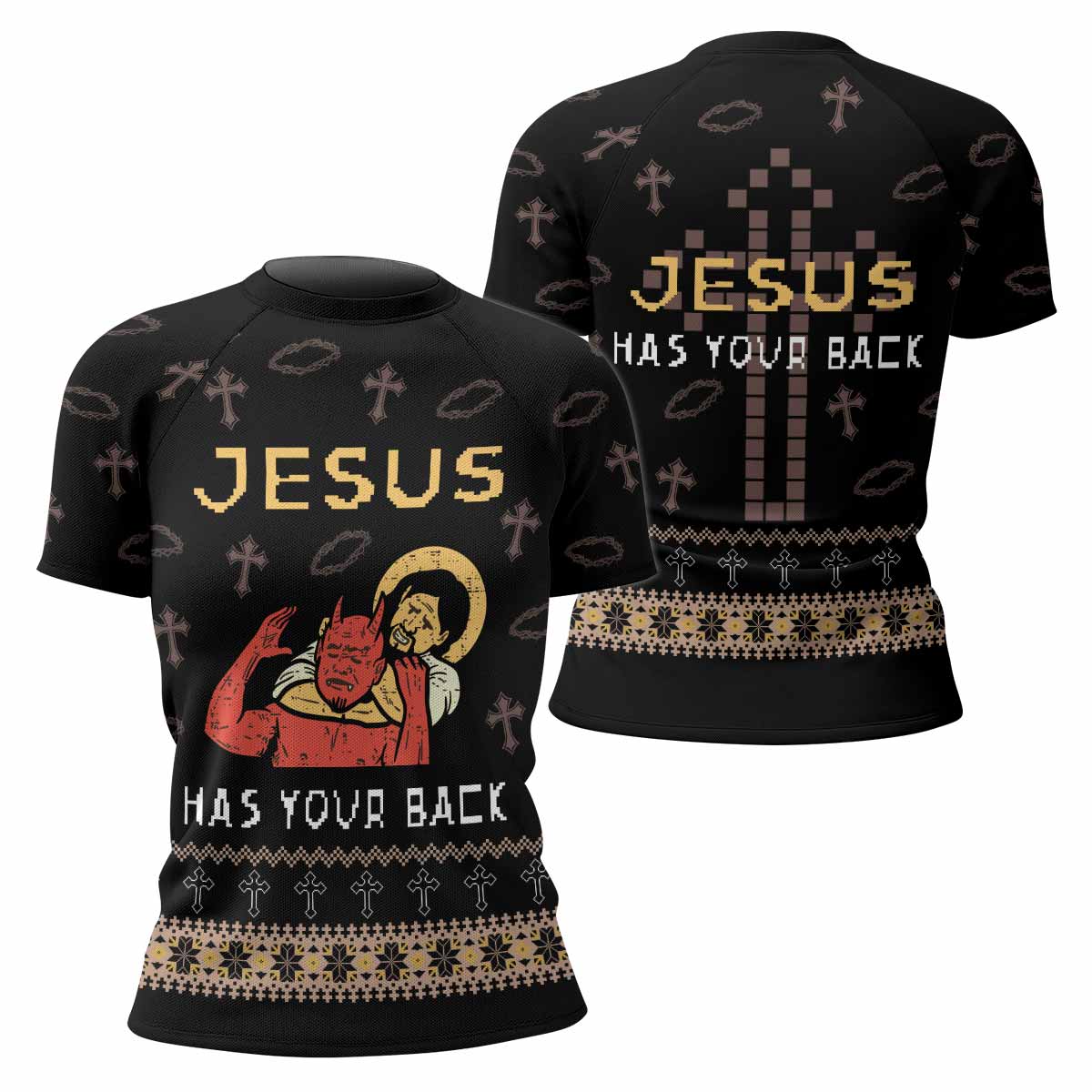 Jesus Has Your Back Women's Rash Guard Short Sleeve - front and back view