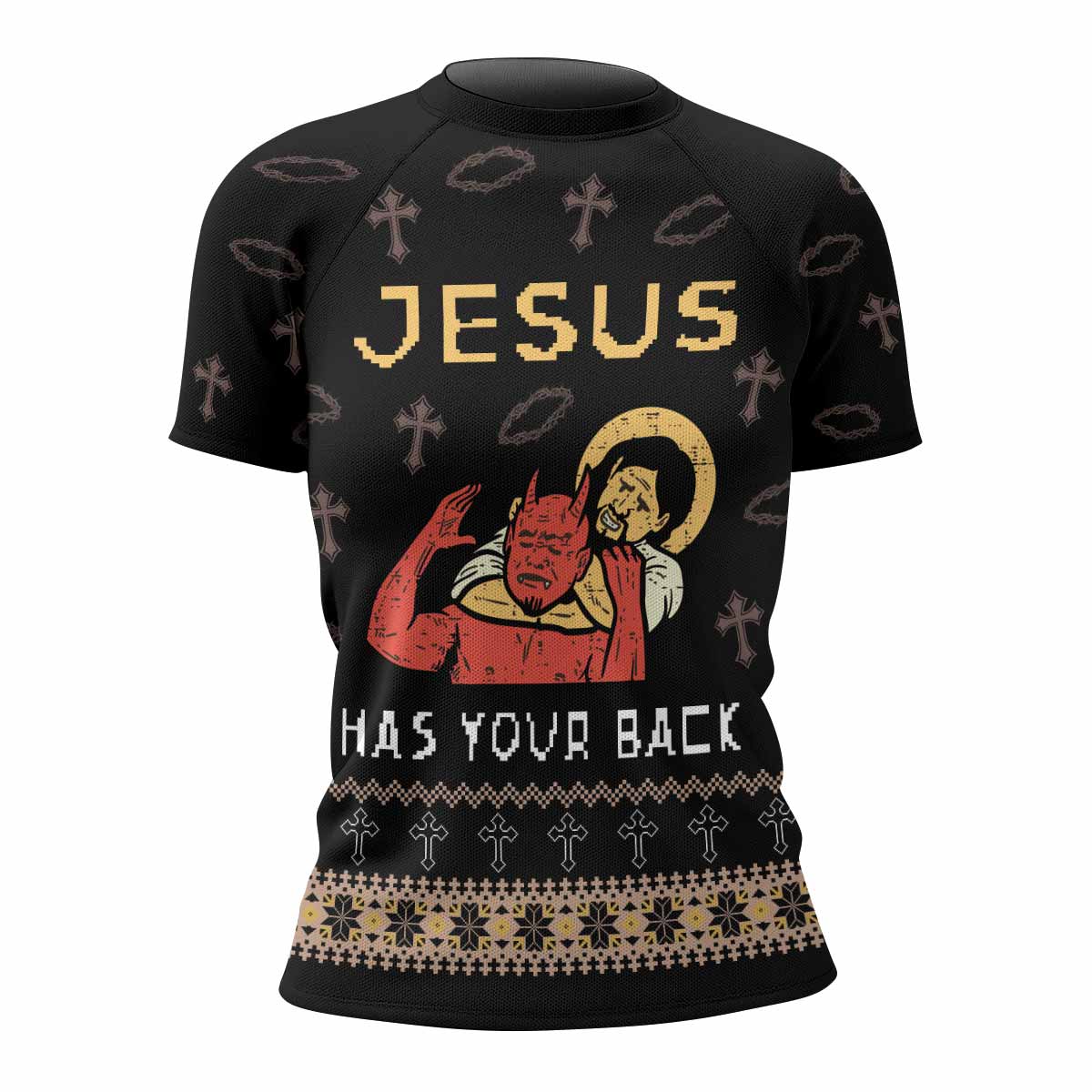 Jesus Has Your Back Women's Rash Guard Short Sleeve - front view mockup