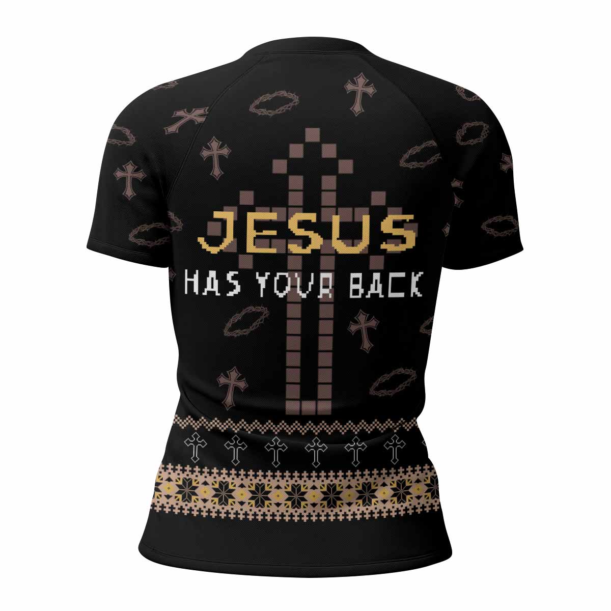 Jesus Has Your Back Women's Rash Guard Short Sleeve - back view mockup
