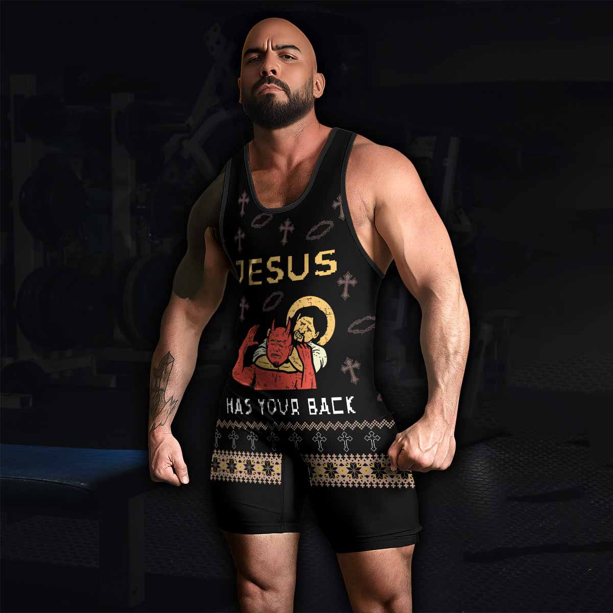 Jesus Has Your Back Wrestling Singlet - men's lifestyle view