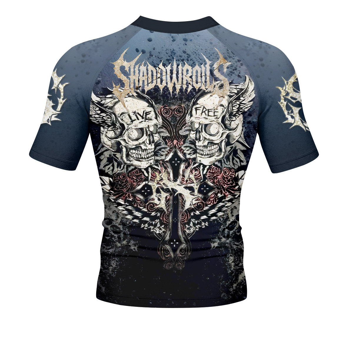 Live Free Warrior Men’s Short Sleeve Rash Guard - back view mockup