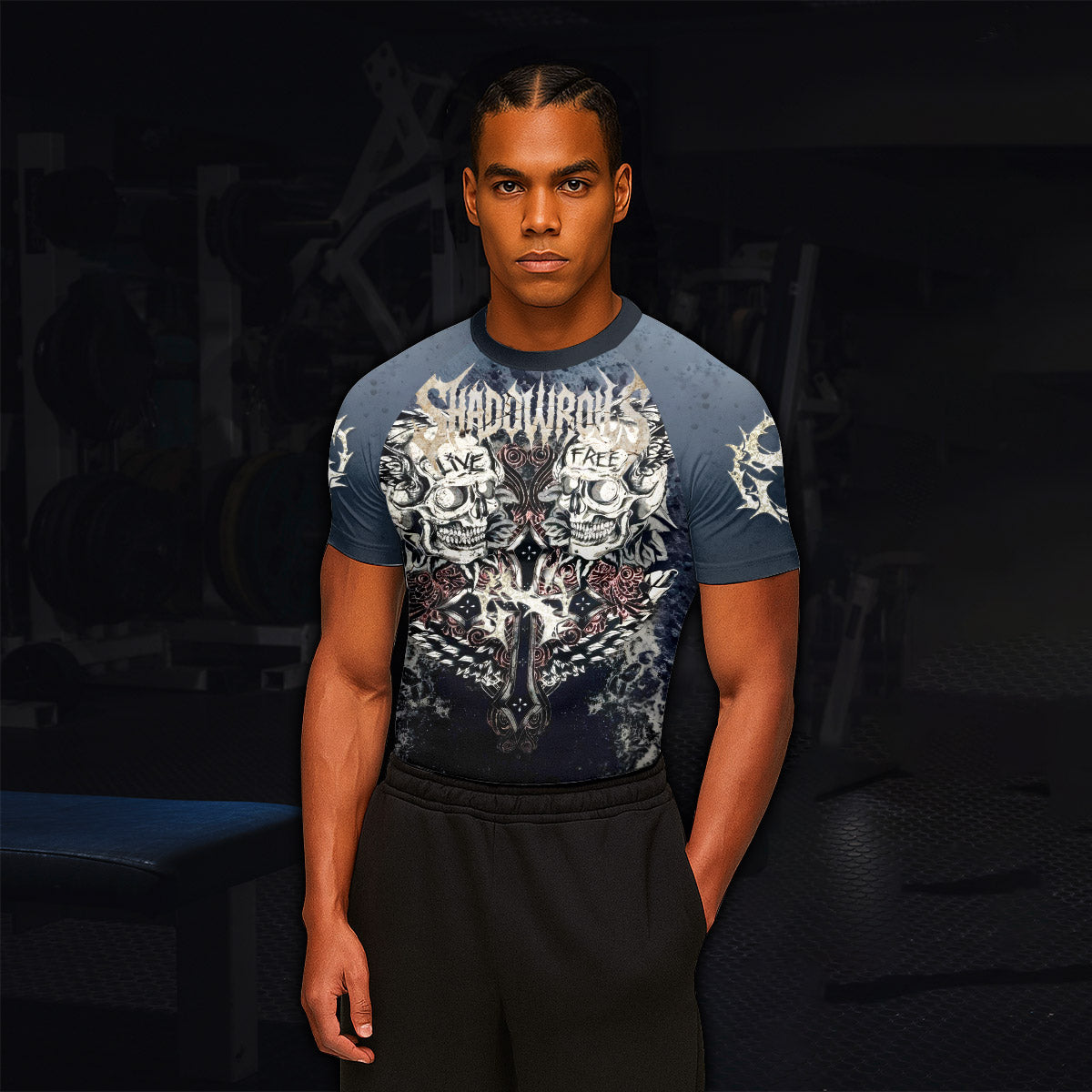 Live Free Warrior Men’s Long Sleeve Rash Guard - front and back view