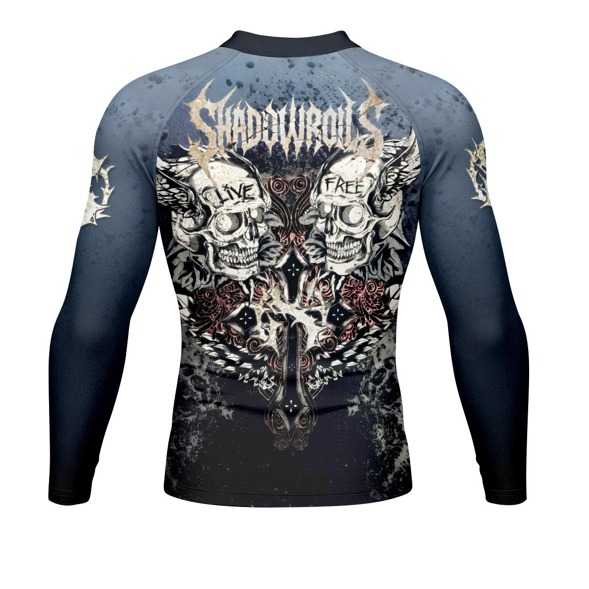 Live Free Warrior Men’s Long Sleeve Rash Guard - back view mockup