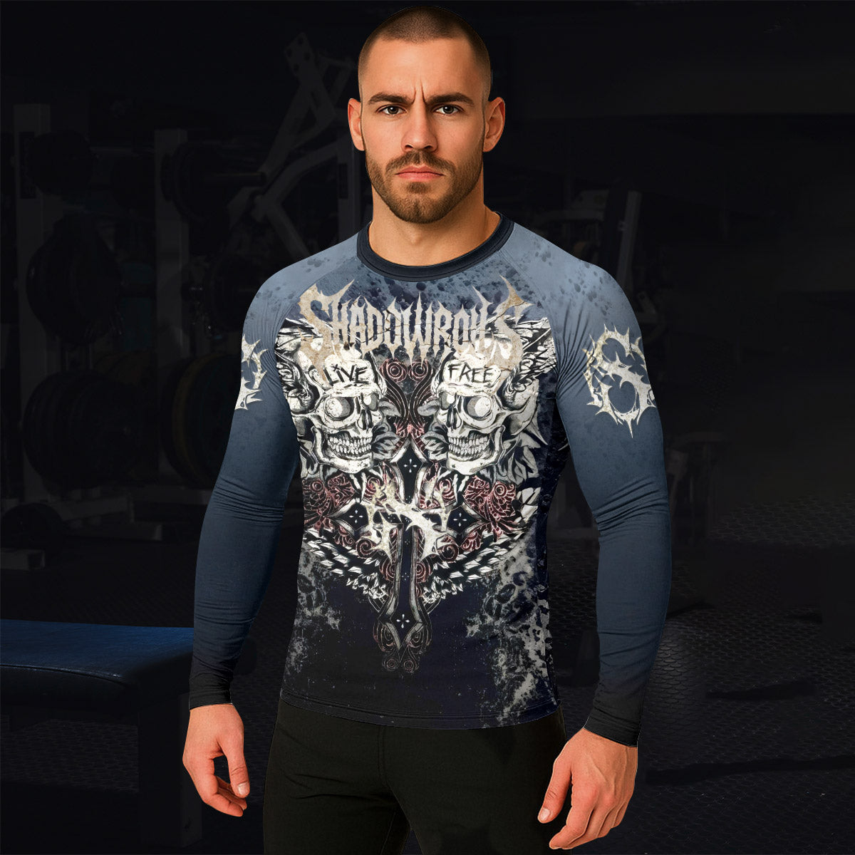 Live Free Warrior Men’s Long Sleeve Rash Guard - lifestyle view