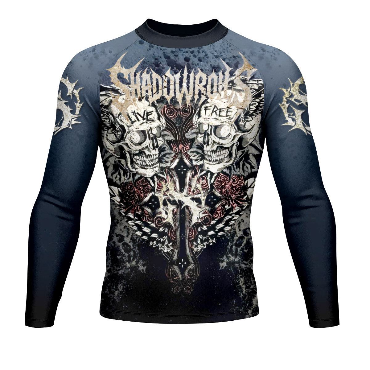 Live Free Warrior Men’s Long Sleeve Rash Guard - front view mockup