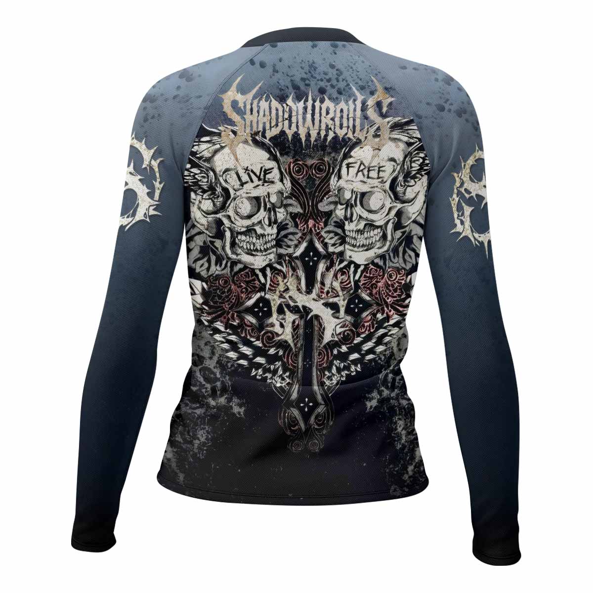 Live Free Warrior Women’s Long Sleeve Rash Guard - back view mockup