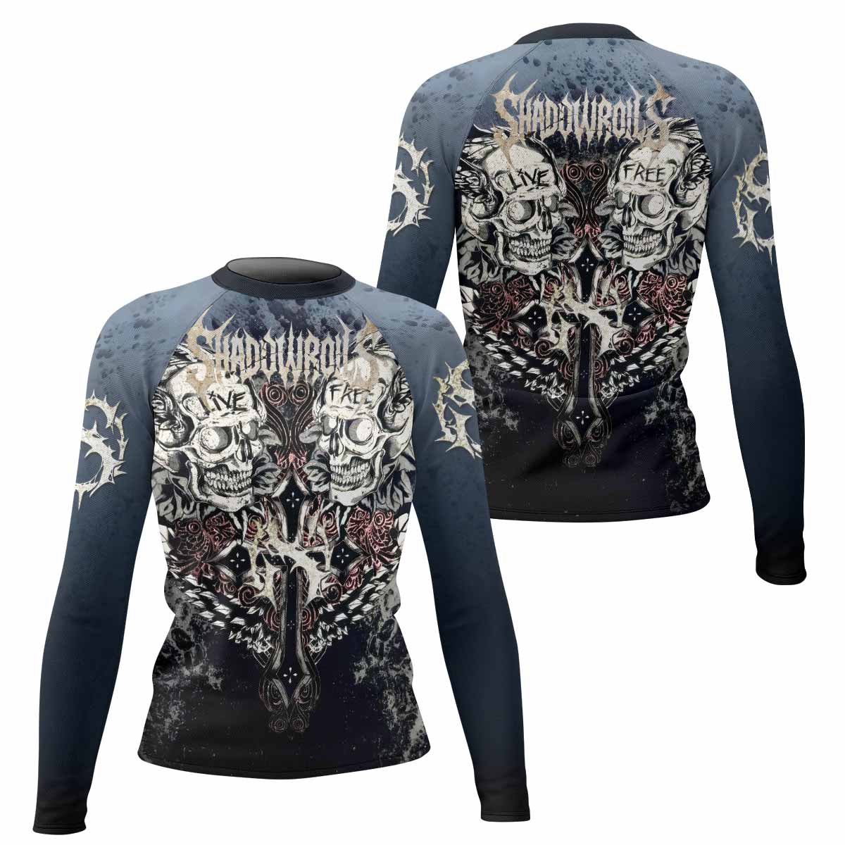 Live Free Warrior Women’s Long Sleeve Rash Guard - front and back view