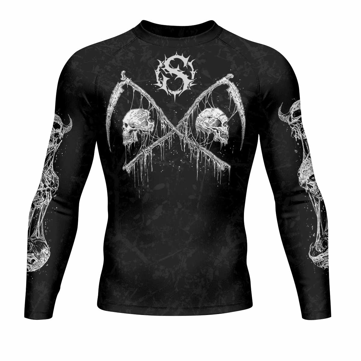 March Into Turmoil Men’s Long Sleeve Rash Guard - front view mockup