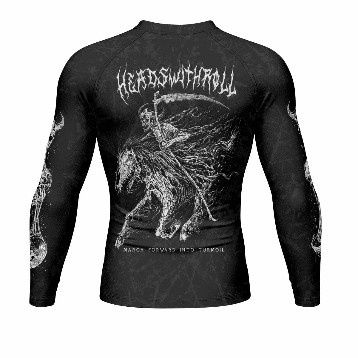 March Into Turmoil Men’s Long Sleeve Rash Guard - back view mockup