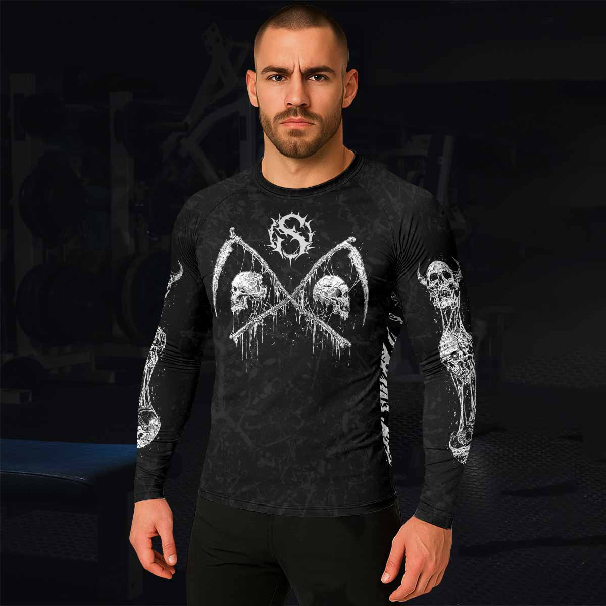March Into Turmoil Men’s Long Sleeve Rash Guard - lifestyle view