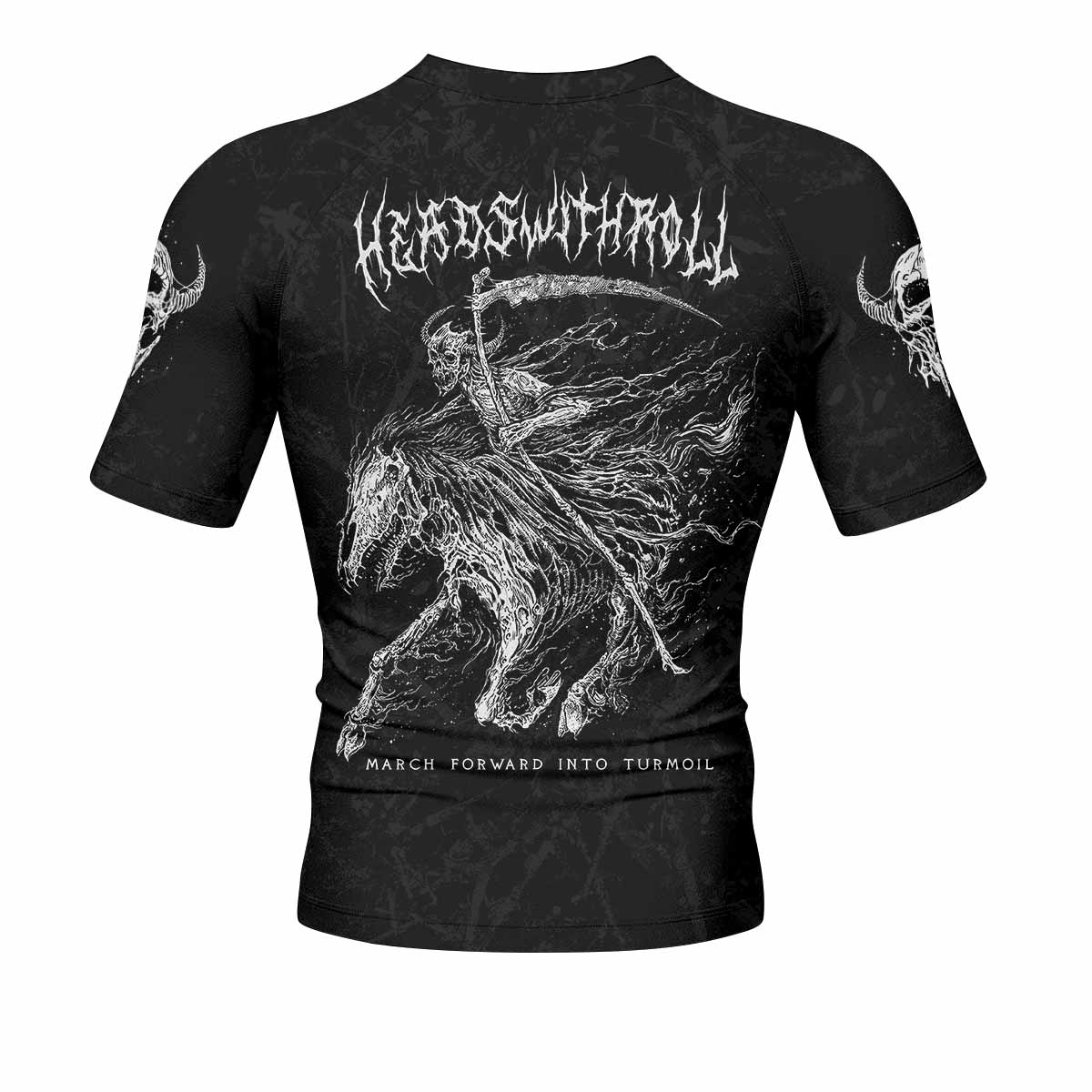 March Into Turmoil Men’s Short Sleeve Rash Guard - back view mockup