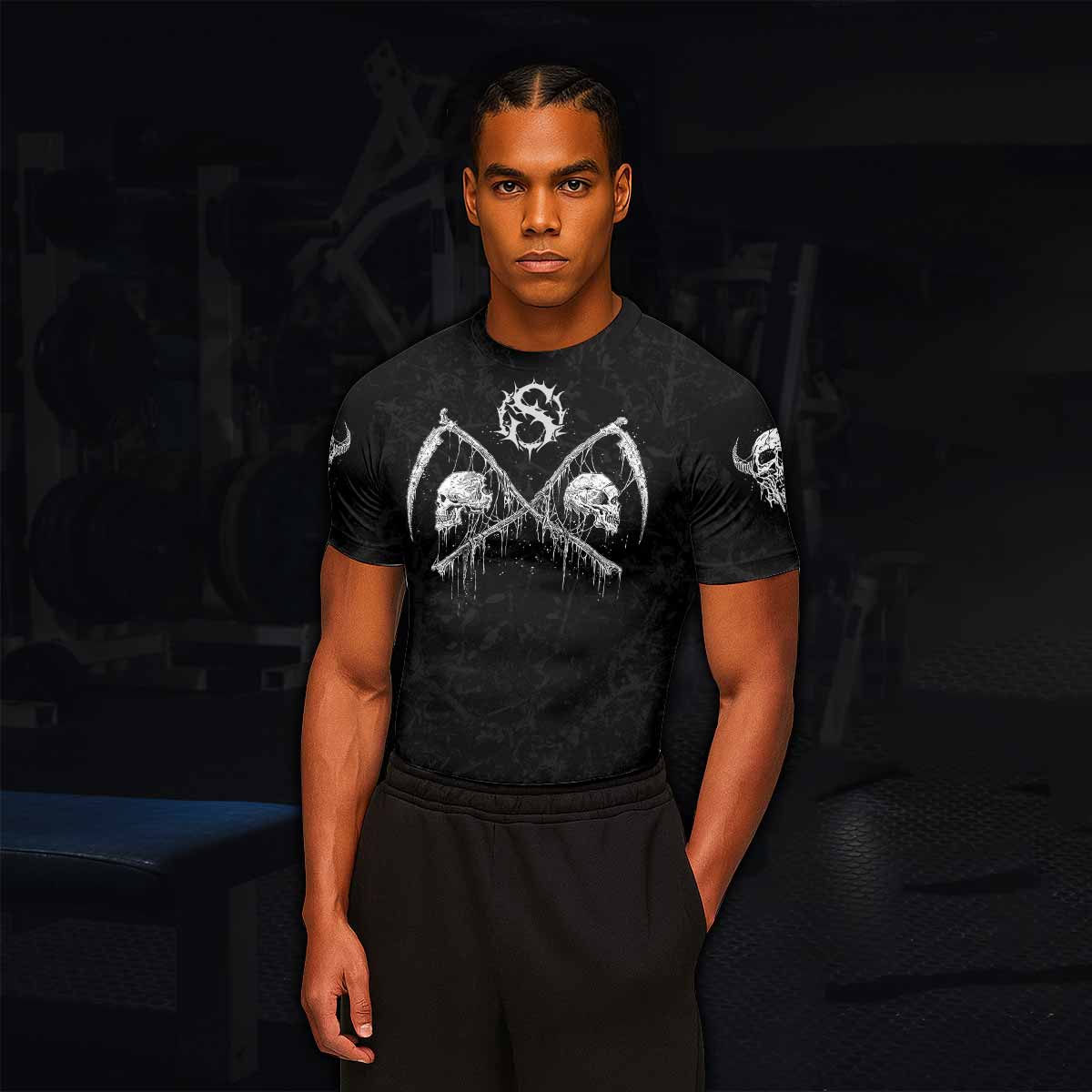 March Into Turmoil Men’s Short Sleeve Rash Guard - lifestyle view