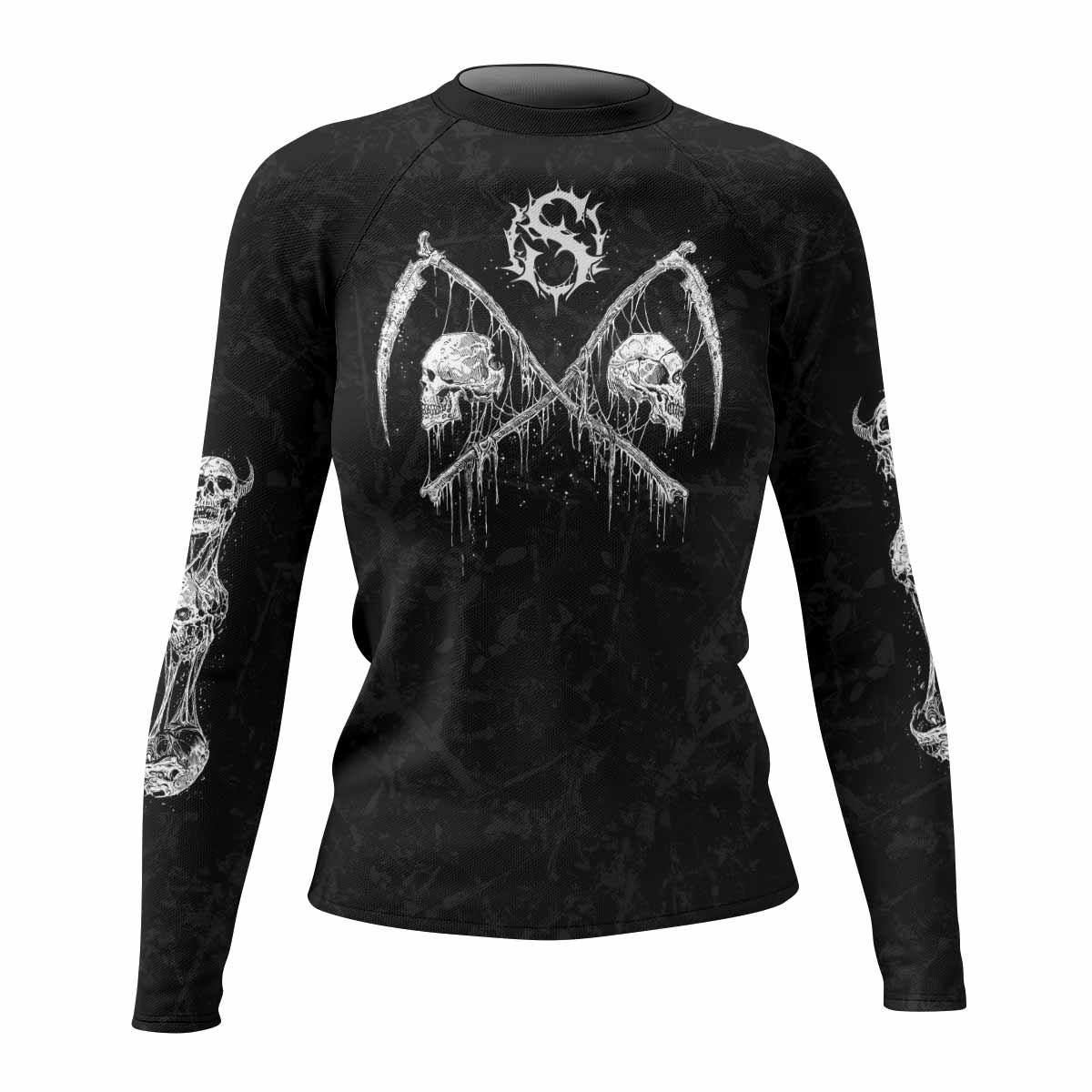 March Into Turmoil Women’s Long Sleeve Rash Guard - front view mockup