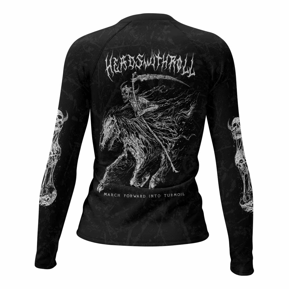 March Into Turmoil Women’s Long Sleeve Rash Guard - back view mockup