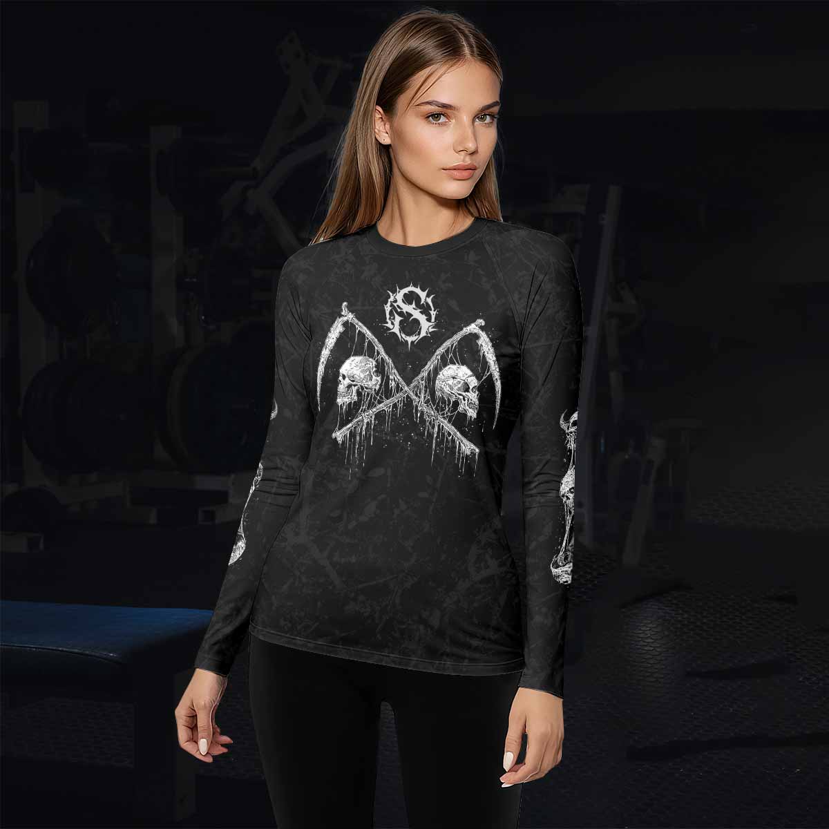 March Into Turmoil Women’s Long Sleeve Rash Guard - lifestyle view