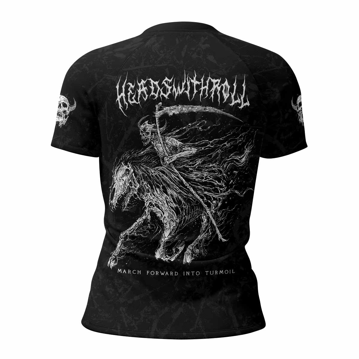 March Into Turmoil Women’s Short Sleeve Rash Guard - back view mockup