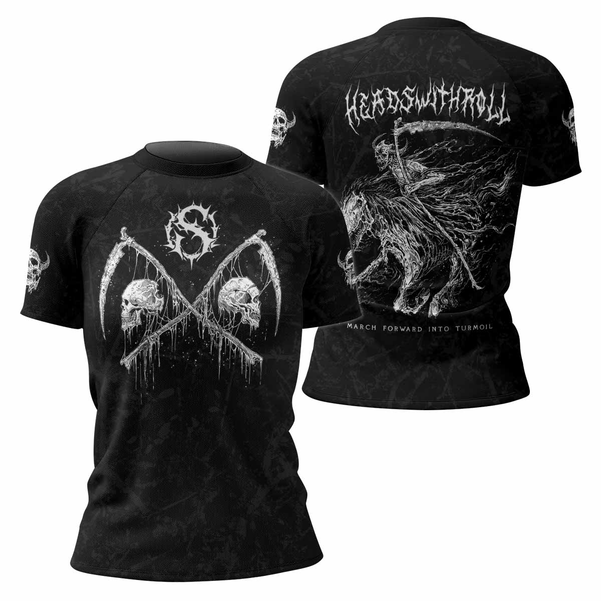 March Into Turmoil Women’s Short Sleeve Rash Guard - front and back view