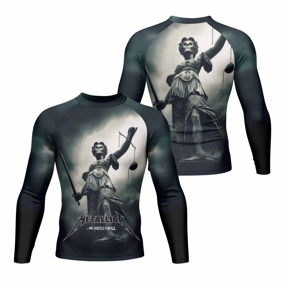 Metallica And Justice For All Men's Rash Guard Long Sleeve - front and back view
