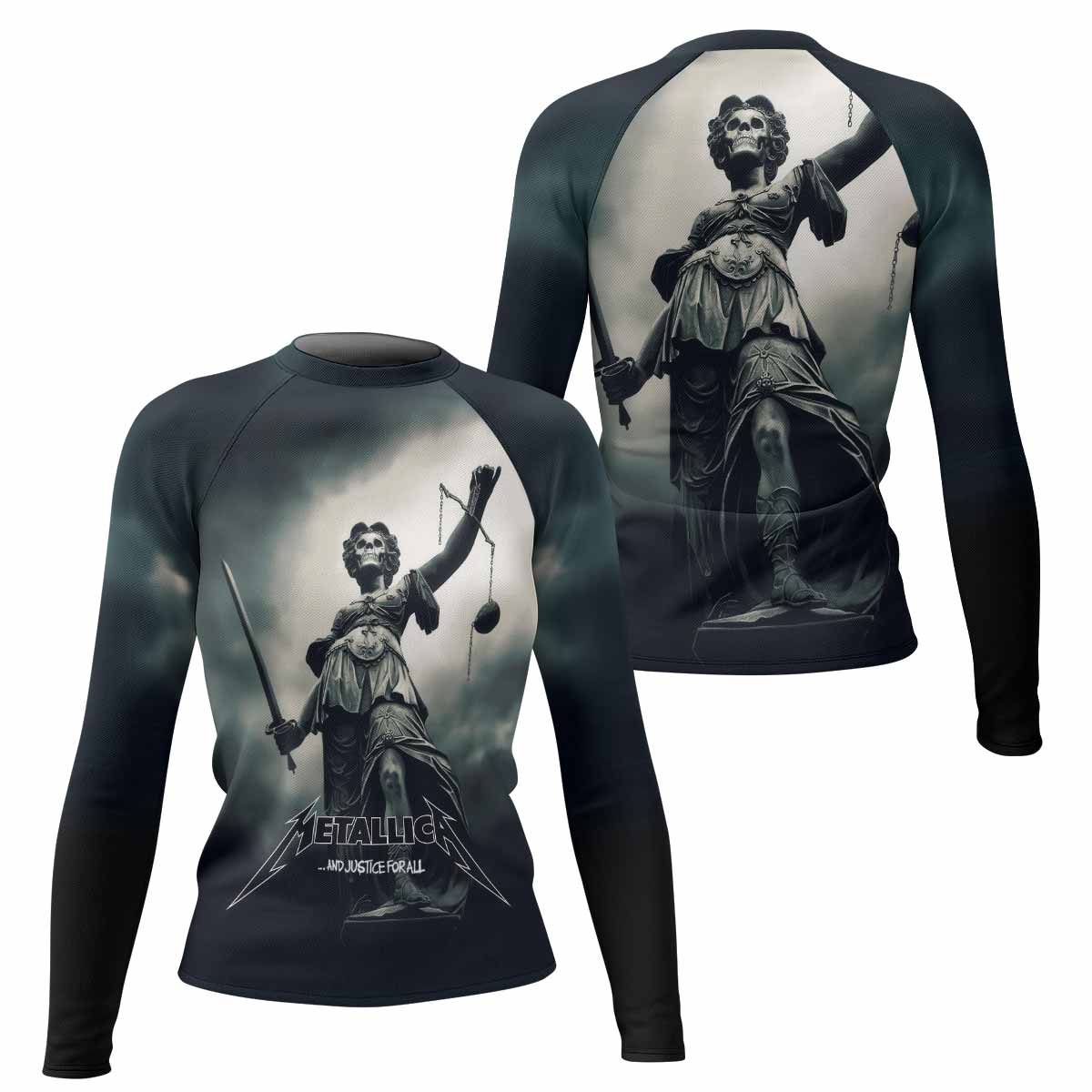 Metallica And Justice For All Women's Rash Guard Long Sleeve - front and back view