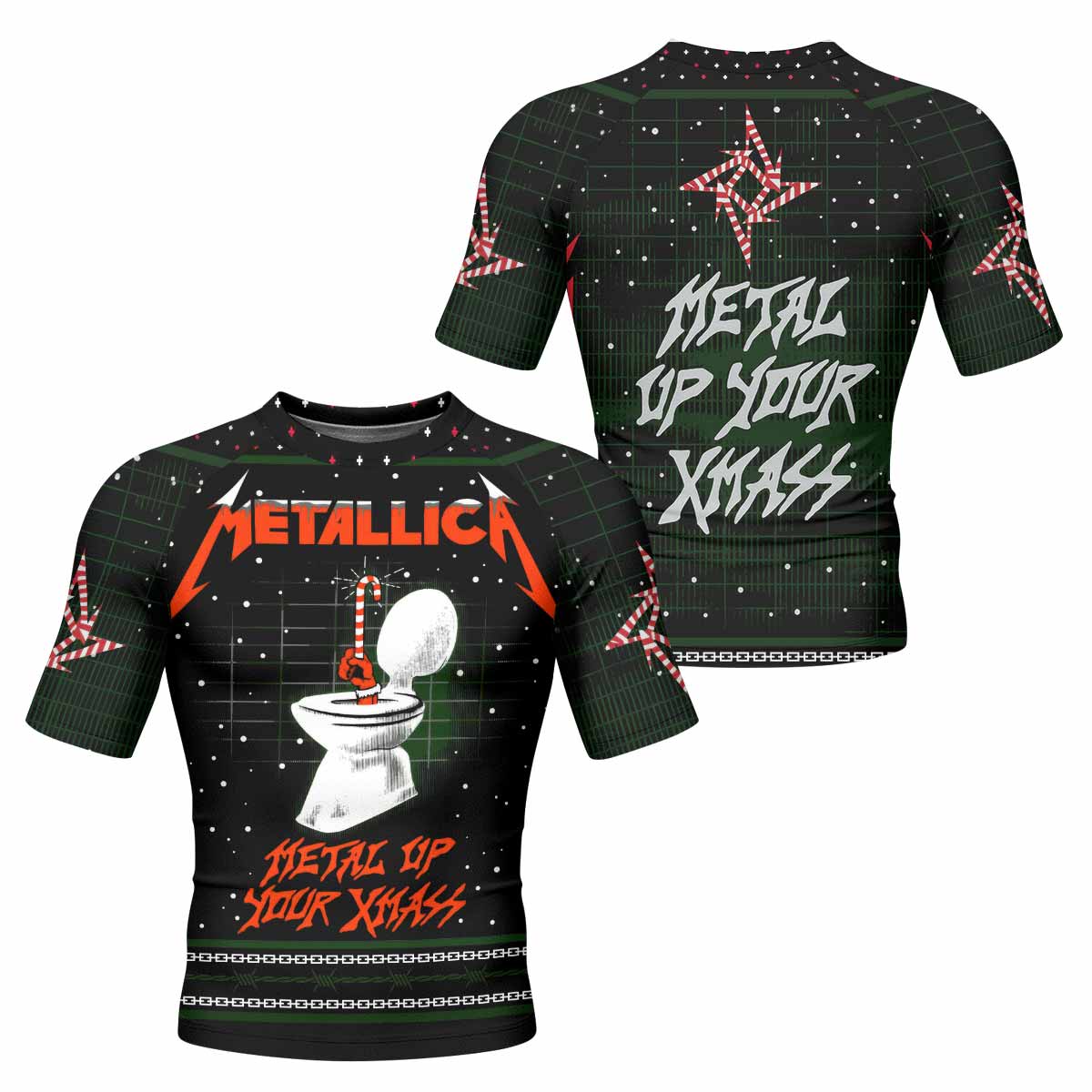 Metallica Metal Up Your Xmas Men's Rash Guard Short Sleeve - front and back view