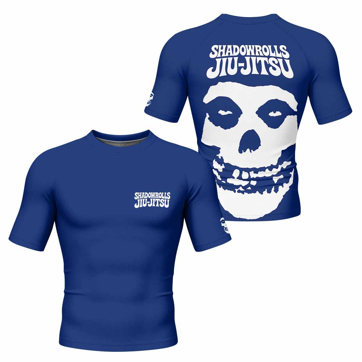 Misfits Skull Jiu-Jitsu - Blue Men's Rash Guard Short Sleeve - front and back view