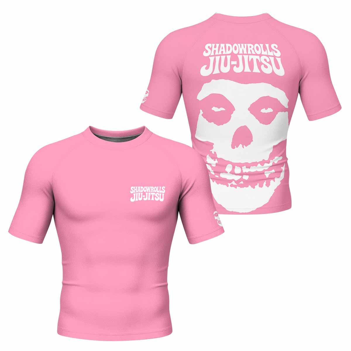 Misfits Skull Jiu-Jitsu - Pink Men's Rash Guard Short Sleeve - front and back view