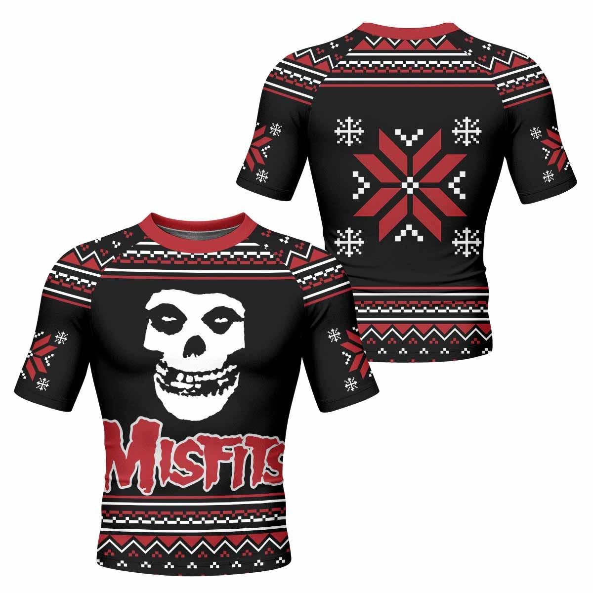 Misfits Skull Punk Rock Band Men's Rash Guard Short Sleeve - front and back view