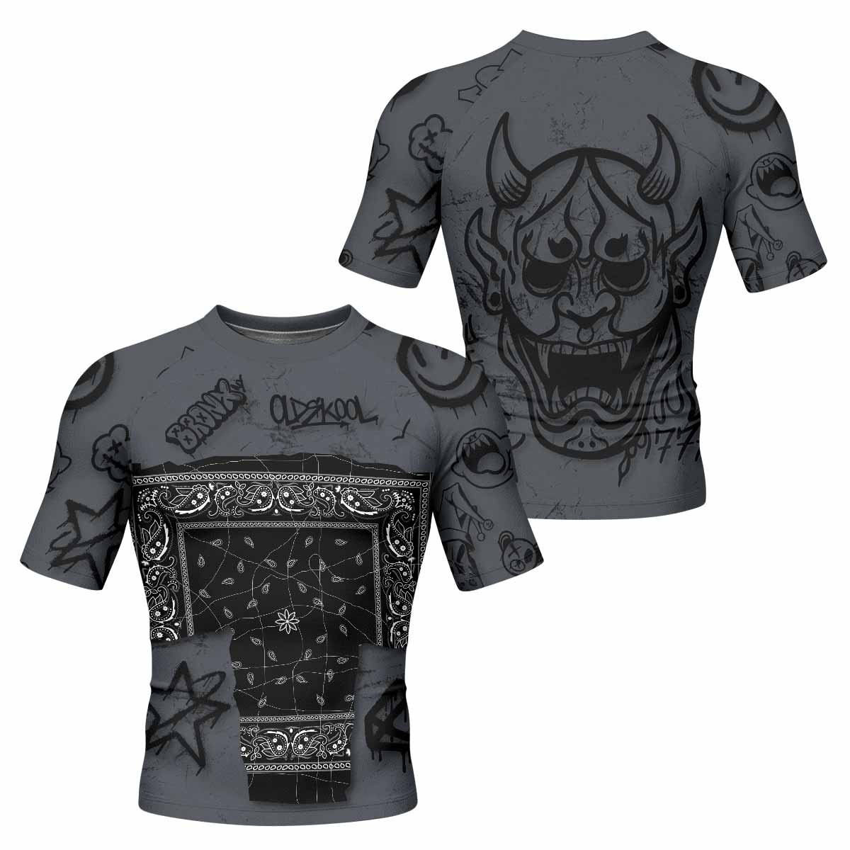 Oni Graffiti Men's Rash Guard Short Sleeve - front and back view