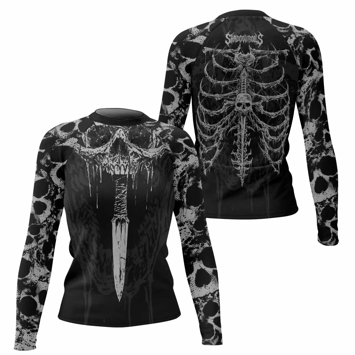 Pierced by Shadows Women’s Long Sleeve Rash Guard - front and back view