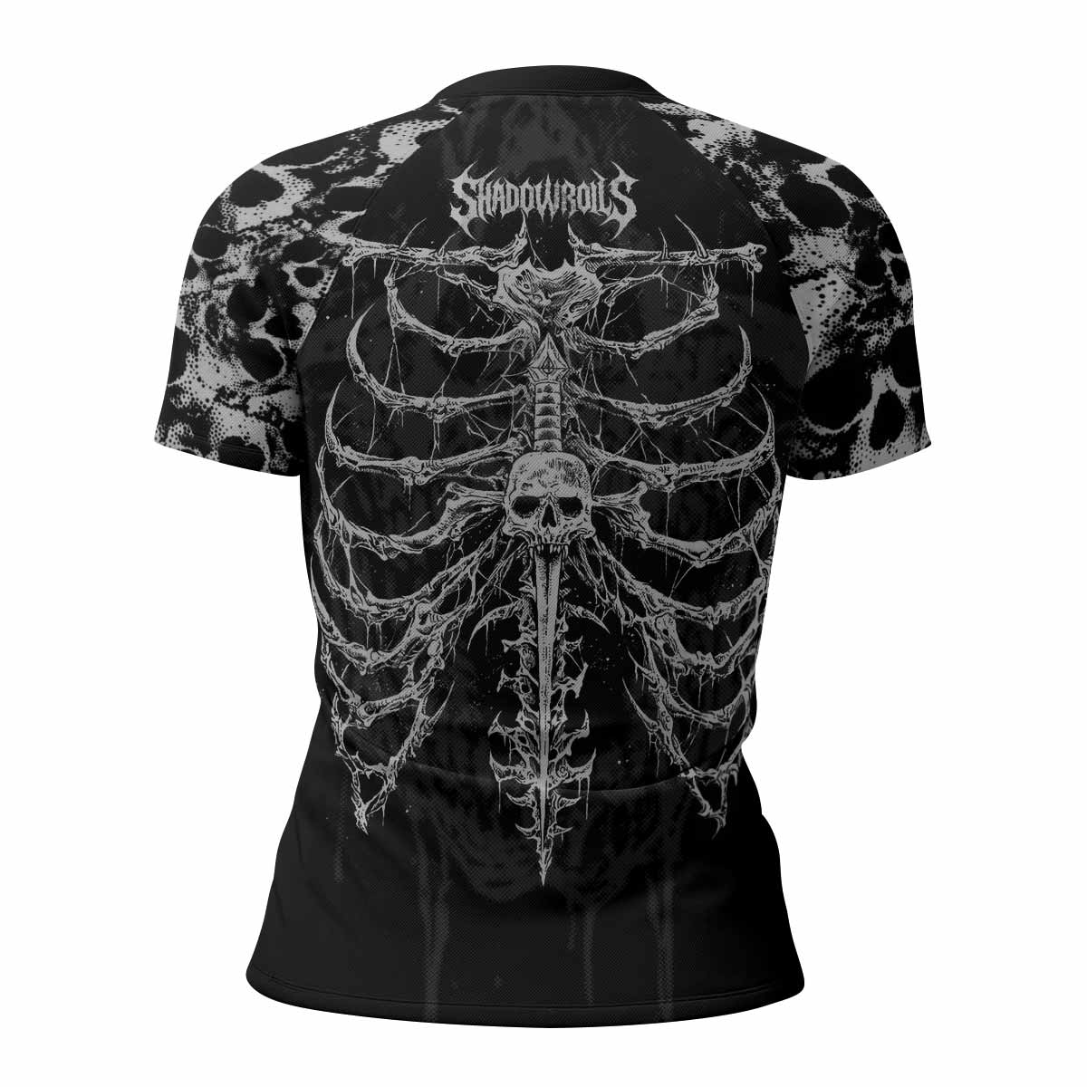 Pierced by Shadows Women’s Short Sleeve Rash Guard - back view mockup