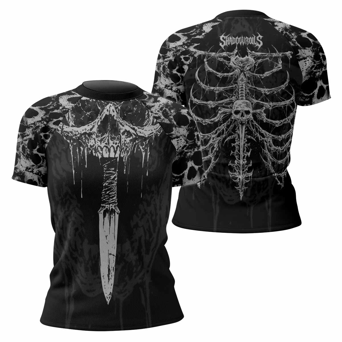 Pierced by Shadows Women’s Short Sleeve Rash Guard - front and back view