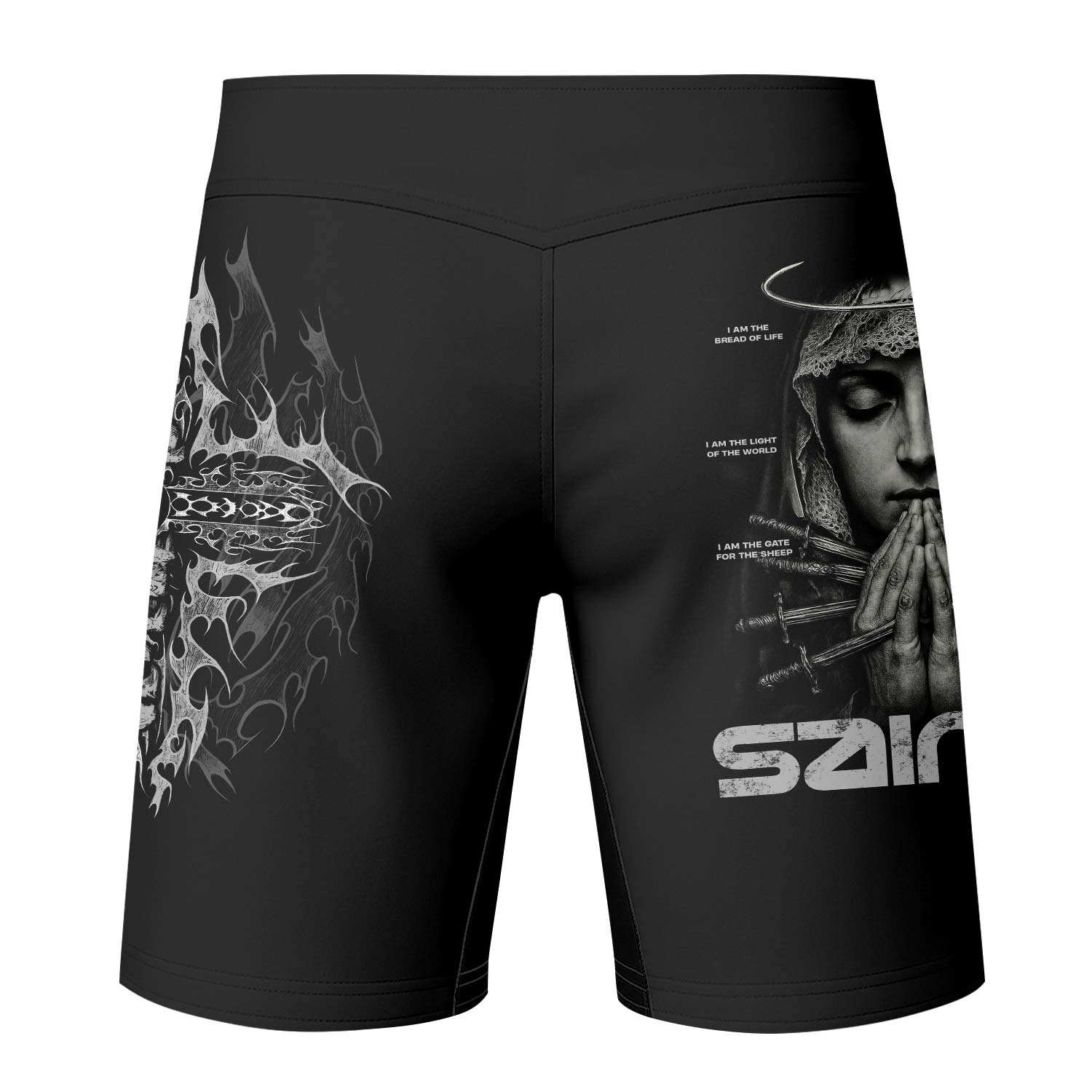 Prayers of the Saints Fight Shorts - Mockup Back