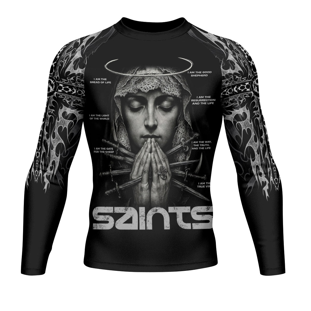 Prayers of the Saints Men’s Long Sleeve Rash Guard - front view mockup