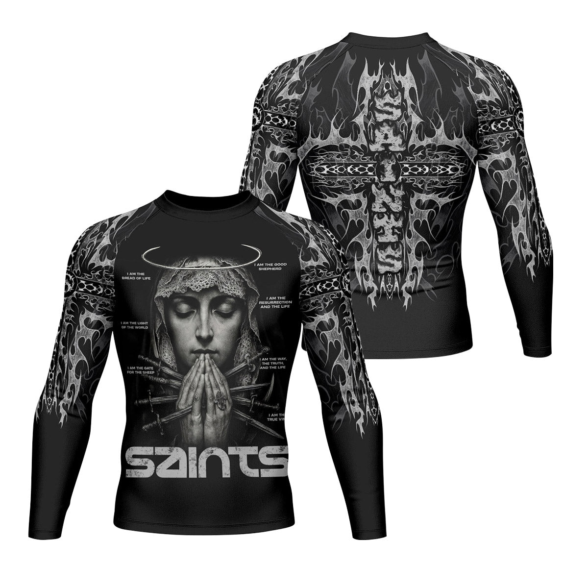 Prayers of the Saints Men’s Long Sleeve Rash Guard - front and back view