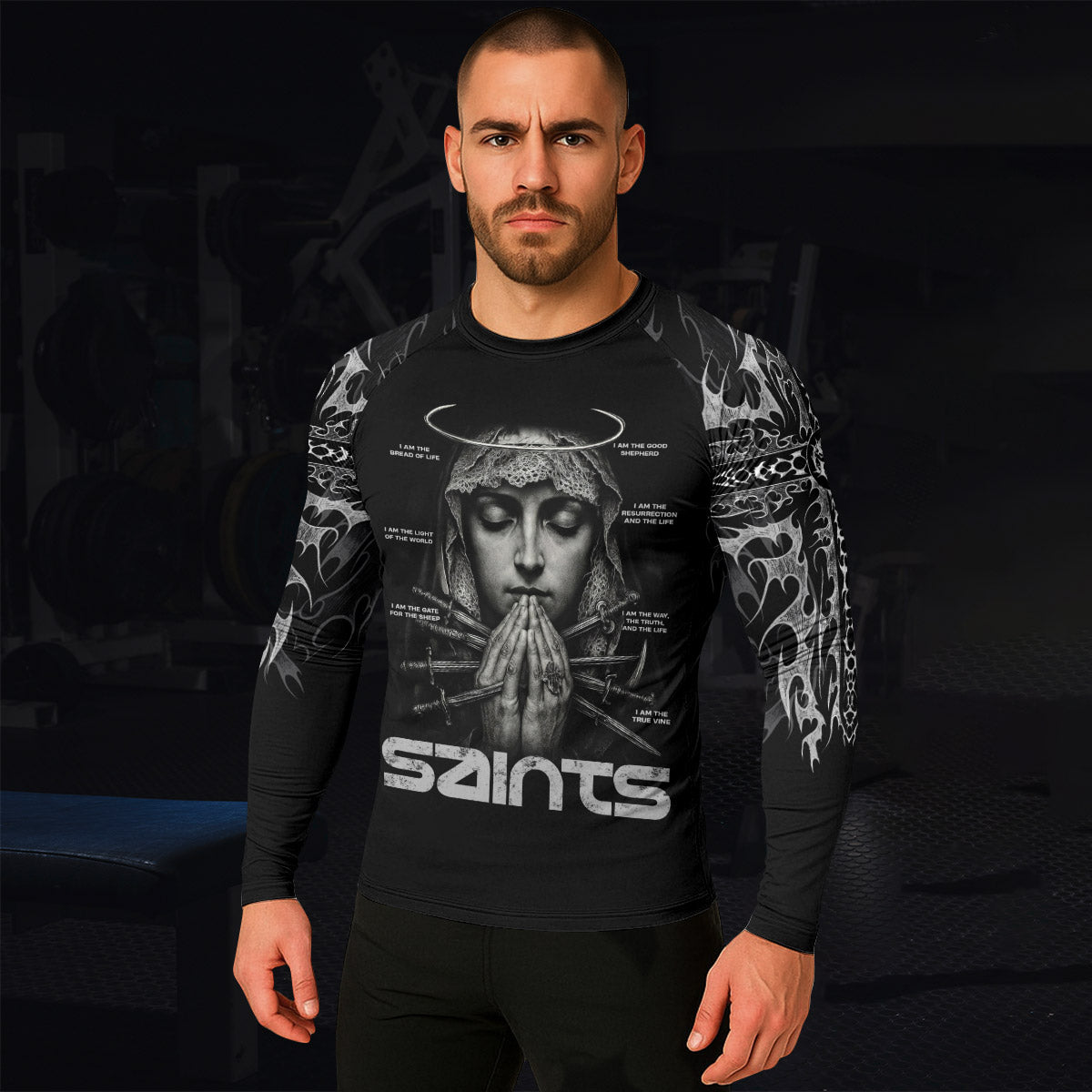 Prayers of the Saints Men’s Long Sleeve Rash Guard - lifestyle view