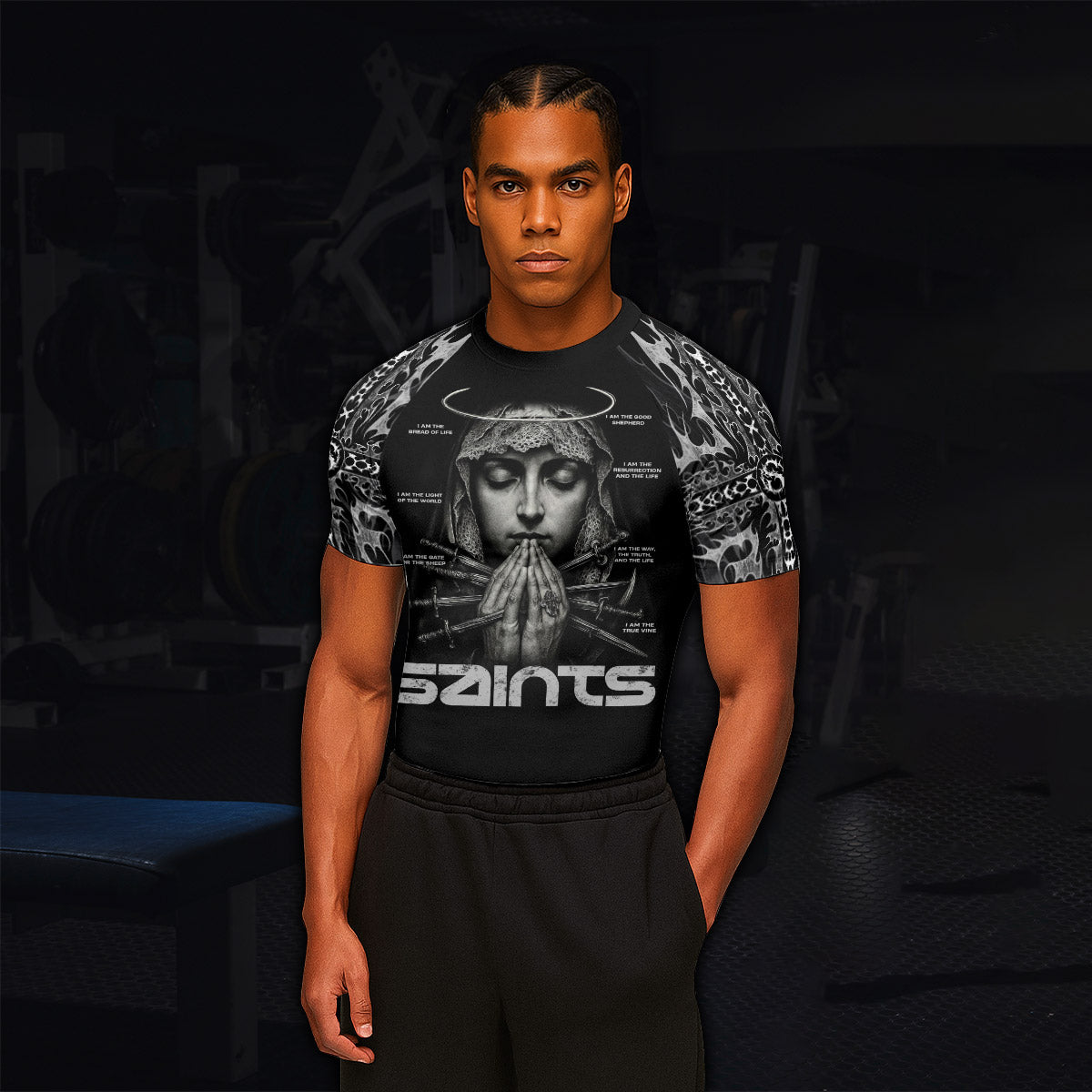 Prayers of the Saints Men’s Short Sleeve Rash Guard - lifestyle view