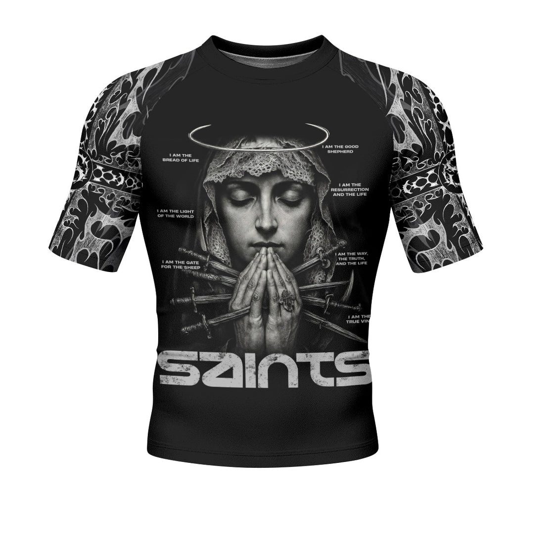 Prayers of the Saints Men’s Short Sleeve Rash Guard - front and back view