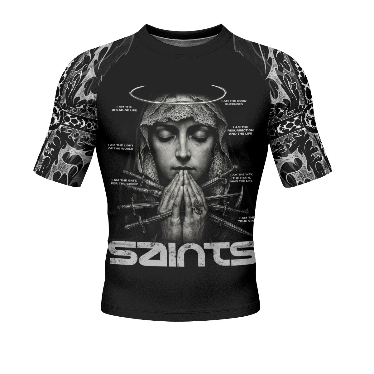 Prayers of the Saints Men’s Short Sleeve Rash Guard - front view mockup