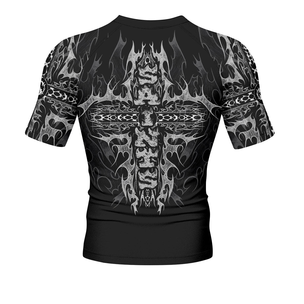 Prayers of the Saints Men’s Short Sleeve Rash Guard - back view mockup