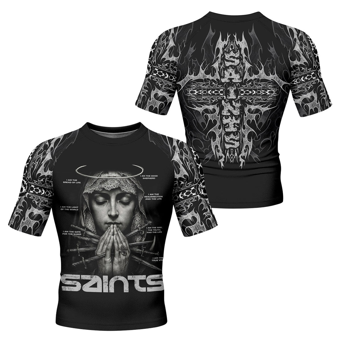 Prayers of the Saints Men’s Short Sleeve Rash Guard - front and back view