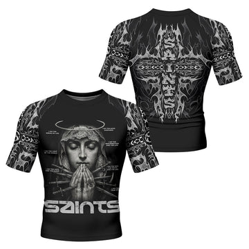 Prayers of the Saints Men’s Short Sleeve Rash Guard - front and back view