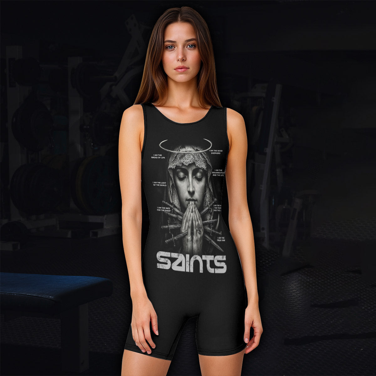 Prayers of the Saints Wrestling Singlet - women's lifestyle view