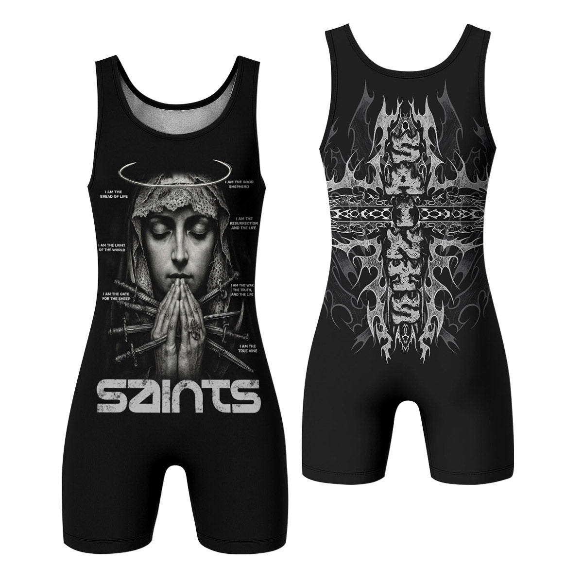Prayers of the Saints Wrestling Singlet - front and back view