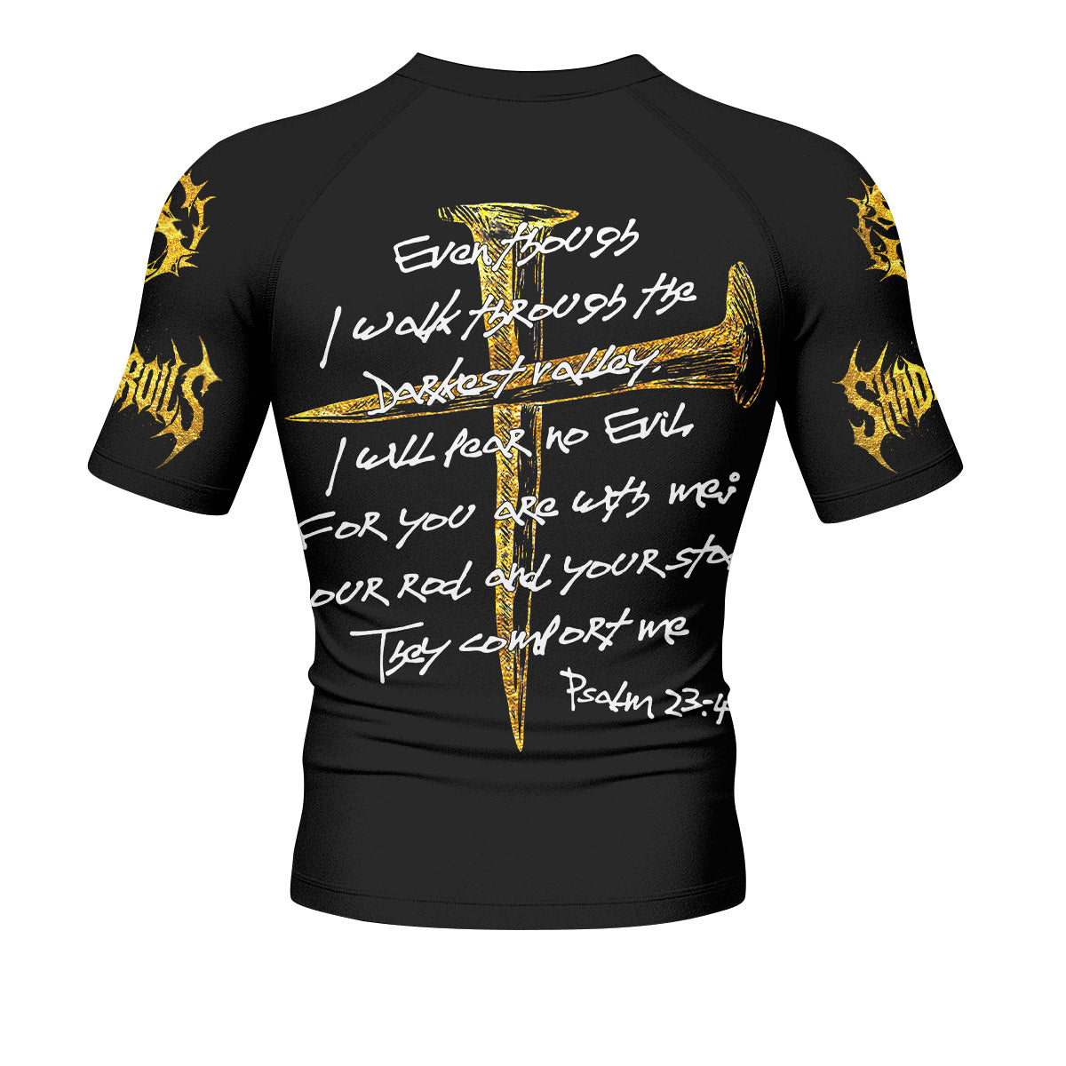 Psalm 23:4 No Evil Shall I Fear Men’s Short Sleeve Rash Guard - back view mockup